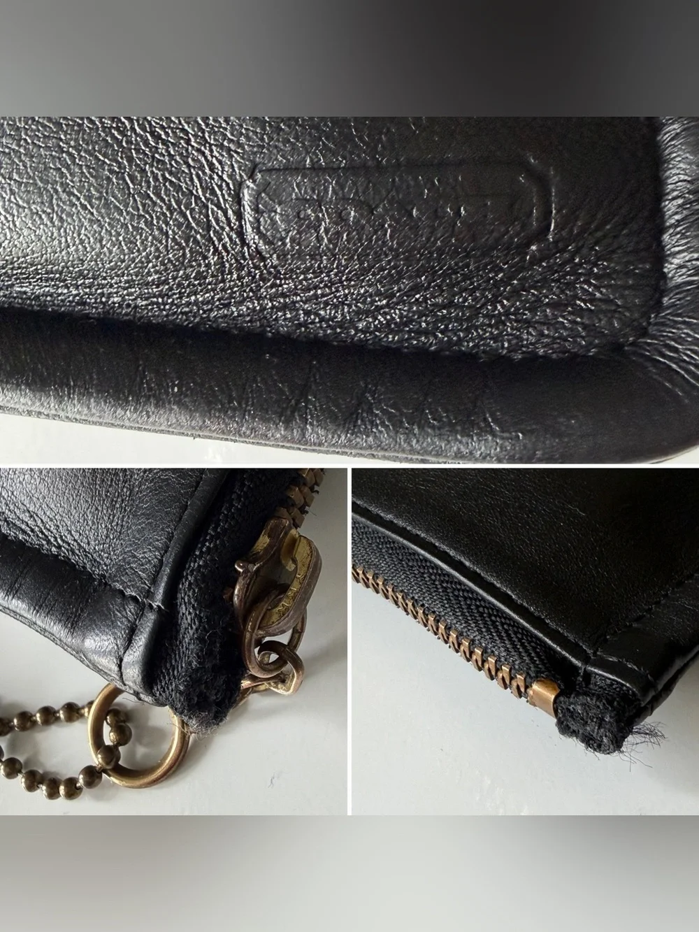 Vintage Coach 7170 Skinny Case Black Leather Striped Lining Zip Pouch